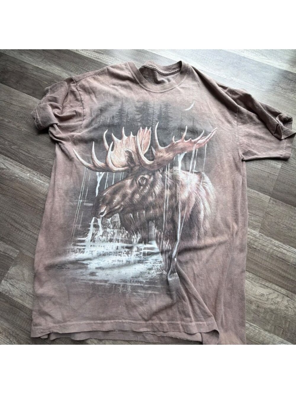 The Mountain Moose Waterfall Graphic T-Shirt Brown Cotton Size L USA-Made